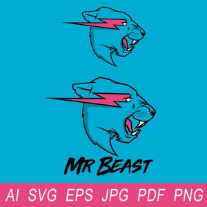 Puede incluir: Dos cabezas de pantera azules estilizadas con rayos rosas sobre sus ojos, sobre un fondo azul brillante. Debajo, las palabras "MR BEAST" están en negro, con una fuente estilizada. En la parte inferior, se enumeran las abreviaturas de los tipos de archivo.