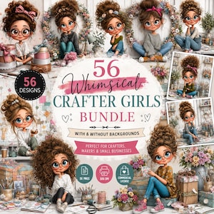 Könnte beinhalten: Ein digitales Kunstpaket mit Illustrationen von skurrilen Handwerkerinnen. Das Bild enthält den Text "56 Whimsical Crafter Girls Bundle" und "56 Designs". Das Paket ist perfekt für Handwerker, Hersteller und kleine Unternehmen. Das Bild enthält auch Symbole für PNGs, DPI und kommerzielle Lizenz.