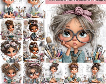 Grillige Craft Girl Clipart-bundel PNG, Crafting Woman Art, naaikunstenaar plannerstickers, plakboek DIY schattige clipartset, 31 crafters