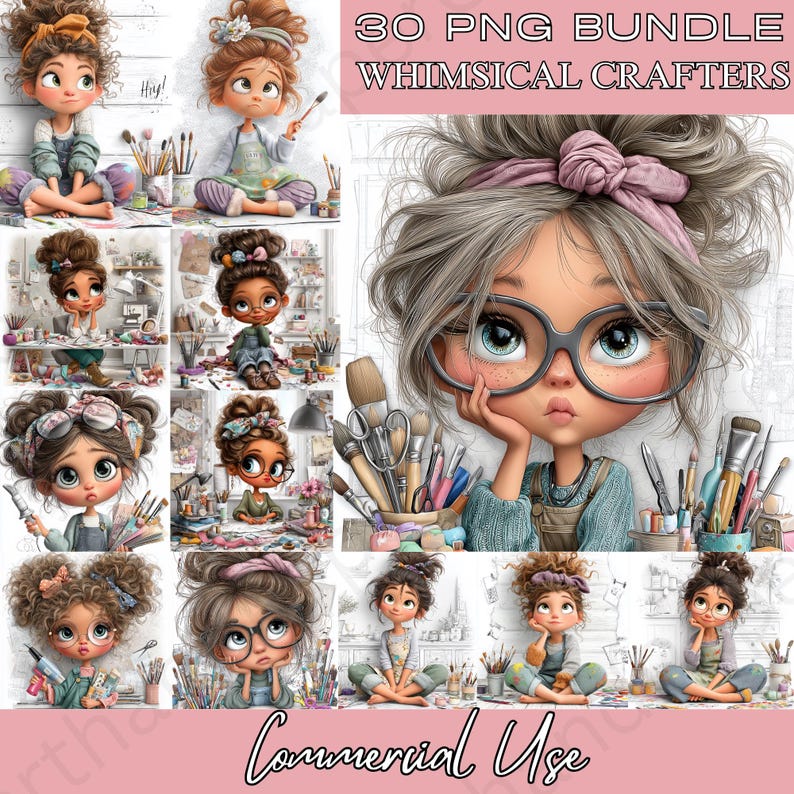 Whimsical Craft Girl Clipart Bundle PNG, Crafting Woman Art, Sewing ...