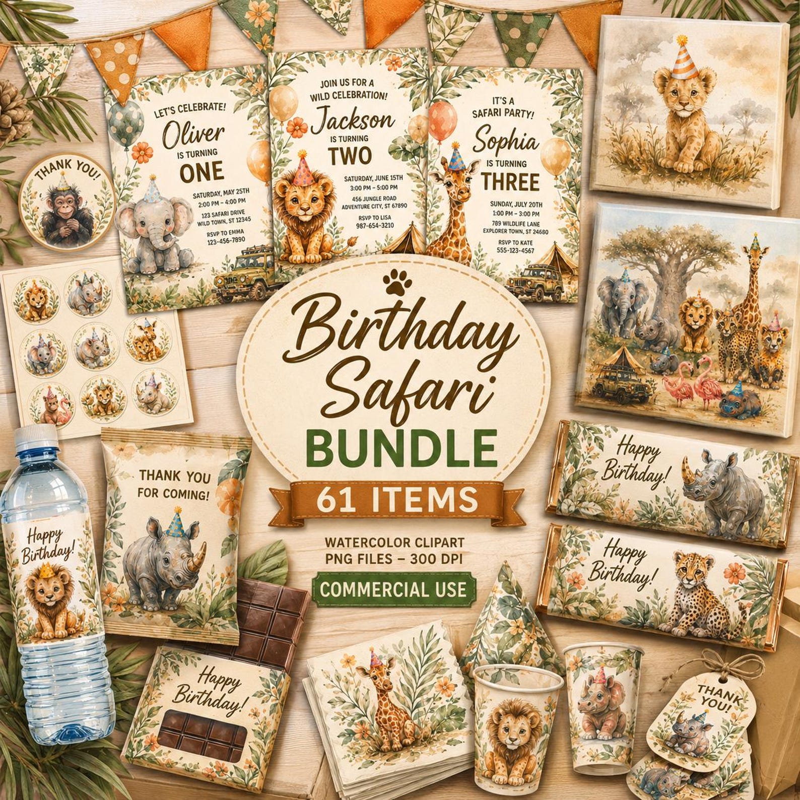 Safari Birthday Clipart Bundle PNG, Watercolor Safari Animals Party ...