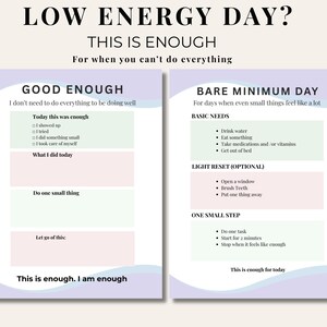 Op de afbeelding: Een zelfzorg gids met de tekst "LOW ENERGY DAY? THIS IS ENOUGH". De gids bevat secties voor "GOOD ENOUGH" en "BARE MINIMUM DAY", met prompts voor zelfreflectie en haalbare doelen. Het kleurenschema is zacht, met pastel tinten.