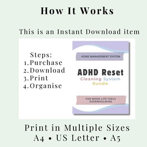 Op de afbeelding: Een direct downloadbaar item met de titel "ADHD Reset Cleaning System Bundle". De afbeelding toont de stappen: Kopen, Downloaden, Afdrukken en Organiseren. Het product is verkrijgbaar in meerdere formaten, waaronder A4 en US Letter.