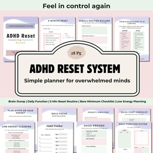 Op de afbeelding: ADHD Reset System-bundel met een eenvoudige planner voor overweldigde geesten. De afbeelding toont verschillende pagina's met titels als "5-minuten reset" en "Dagelijkse focus". Het kleurenschema is voornamelijk pastelroze, groen en wit.