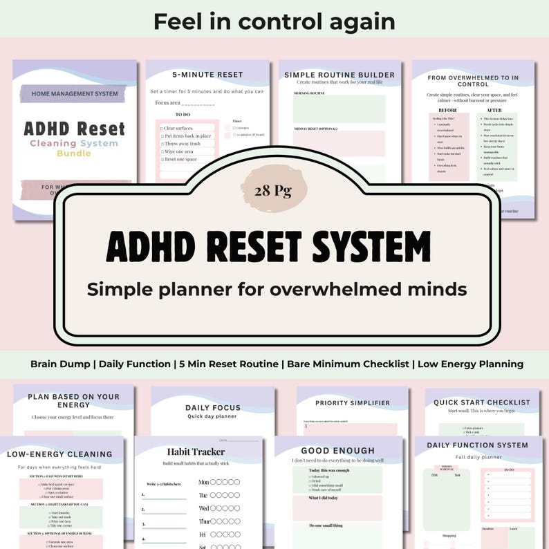 Op de afbeelding: ADHD Reset System-bundel met een eenvoudige planner voor overweldigde geesten. De afbeelding toont verschillende pagina's met titels als "5-minuten reset" en "Dagelijkse focus". Het kleurenschema is voornamelijk pastelroze, groen en wit.