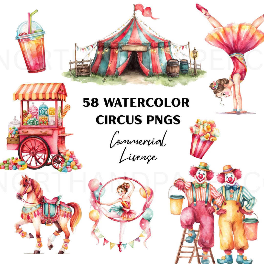 Watercolor Circus Clipart PNG Bundle, Vintage Carnival Animals Clowns ...