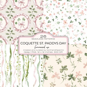 Puede incluir: Una colección de 26 patrones sin costuras con temática del Día de San Patricio. Los diseños presentan ilustraciones en acuarela de tréboles, flores y cintas en tonos suaves de rosa, verde y beige. La imagen incluye el texto "COQUETTE ST. PADDYS DAY".