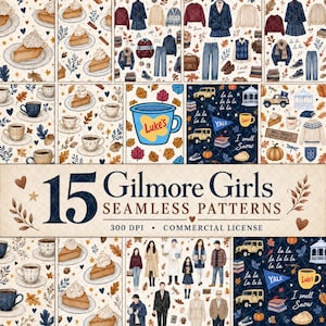 May include: A digital collection of 15 seamless patterns featuring illustrations of pumpkin pie slices, coffee cups, autumn leaves, sweaters, jeans, vehicles, and the text Luke's, Yale, and I smell snow, presented in a grid layout with a central title.
