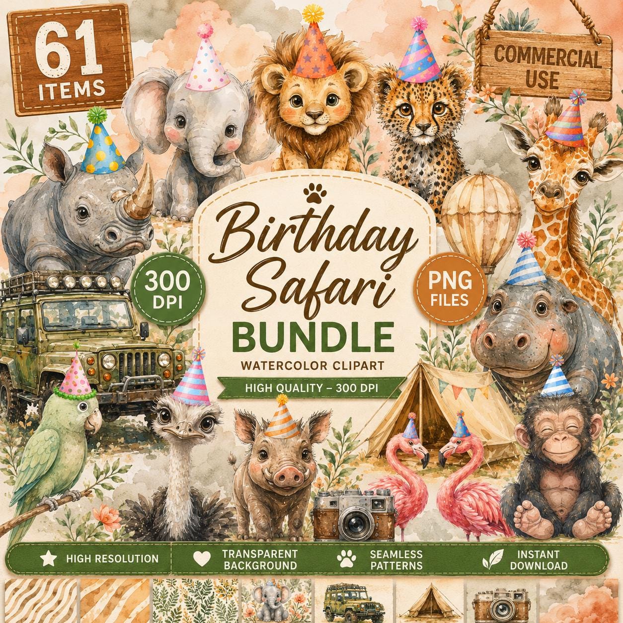 Safari Birthday Clipart Bundle PNG, Watercolor Safari Animals Party ...