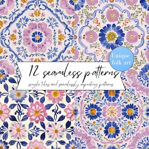 Könnte beinhalten: Eine Sammlung von 12 nahtlosen Mustern mit floralen Designs in Blau-, Rosa- und Gelbtönen. Die Muster werden als einzelne Kacheln und sich wiederholende Designs präsentiert, mit dem Text "Unique folk art" und "12 seamless patterns".