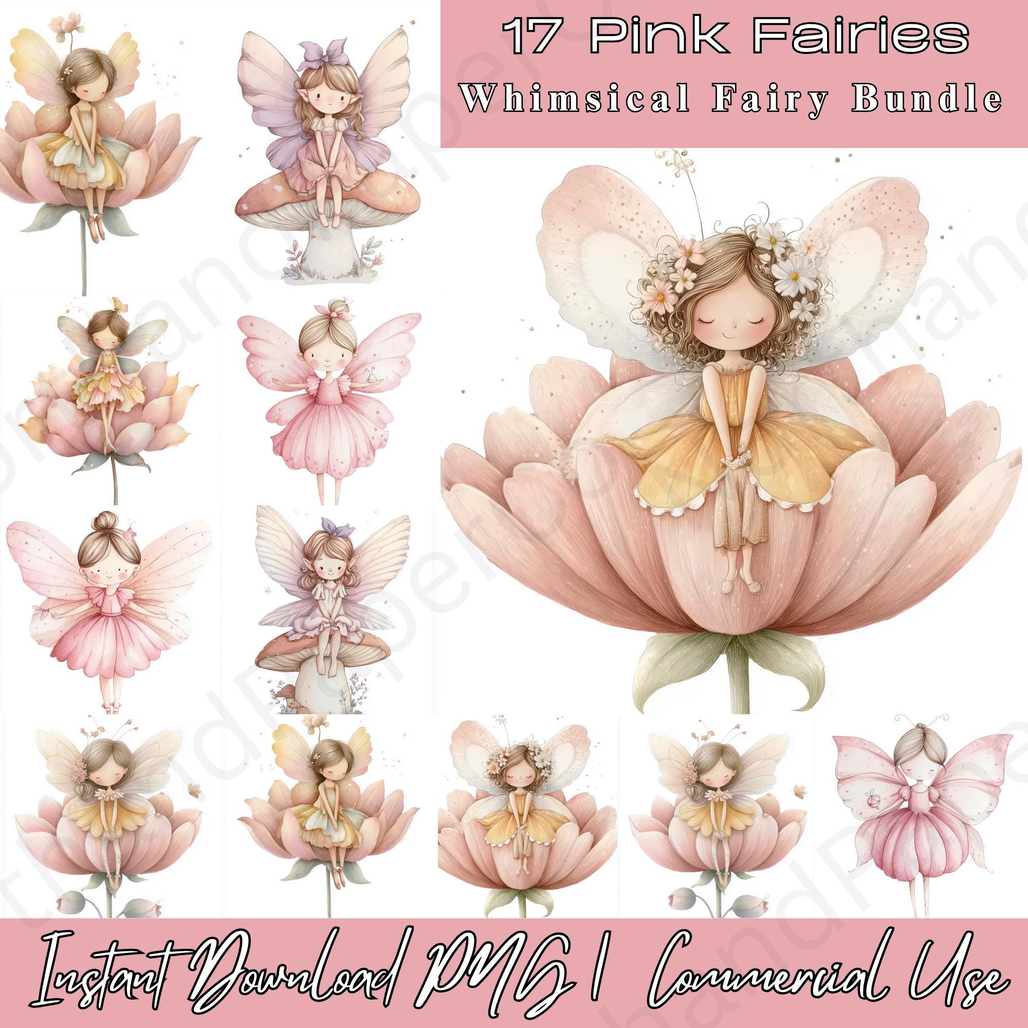Pink Watercolor Fairy Clipart Bundle, Whimsical Magical Garden PNG ...
