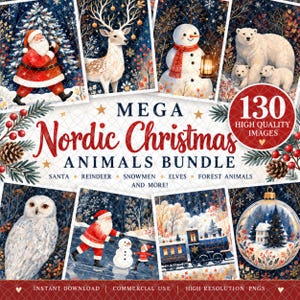May include: A digital collection of 130 high-quality Christmas-themed images featuring Santa Claus, reindeer, snowmen, polar bears, an owl, a train, and festive ornaments. The text reads MEGA Nordic Christmas ANIMALS BUNDLE and 130 HIGH QUALITY IMAGES.