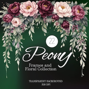 May include: Watercolor floral design featuring a collection of peonies in shades of pink and burgundy, with green foliage. The image includes the word "Peony" in elegant script, along with the text "Frames and Floral Collection". The background is a dark green.