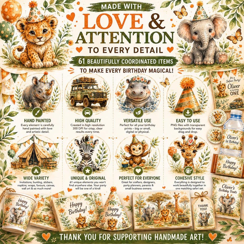 Safari Birthday Clipart Bundle PNG, Watercolor Safari Animals Party ...