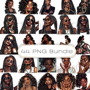 Puede incluir: Un paquete de arte digital con ilustraciones de mujeres negras con varios peinados, accesorios y expresiones. Las imágenes muestran diversos estilos, incluyendo trenzas, cabello rizado y gafas de sol. El texto "44 PNG BUNDLE" se muestra en una pancarta.