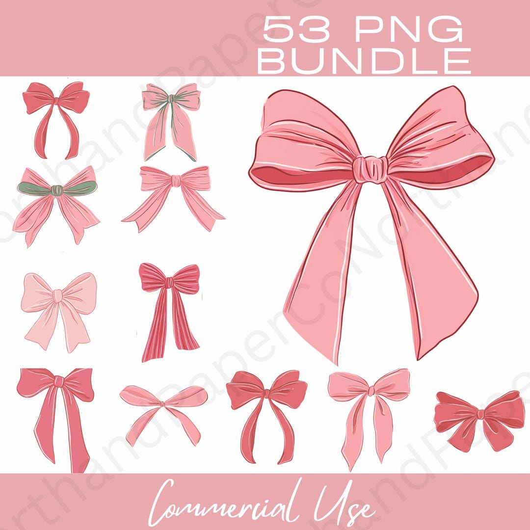 Pink Coquette Bow PNG Bundle, Watercolor Ribbon Clipart, 53 Bow Pngs ...