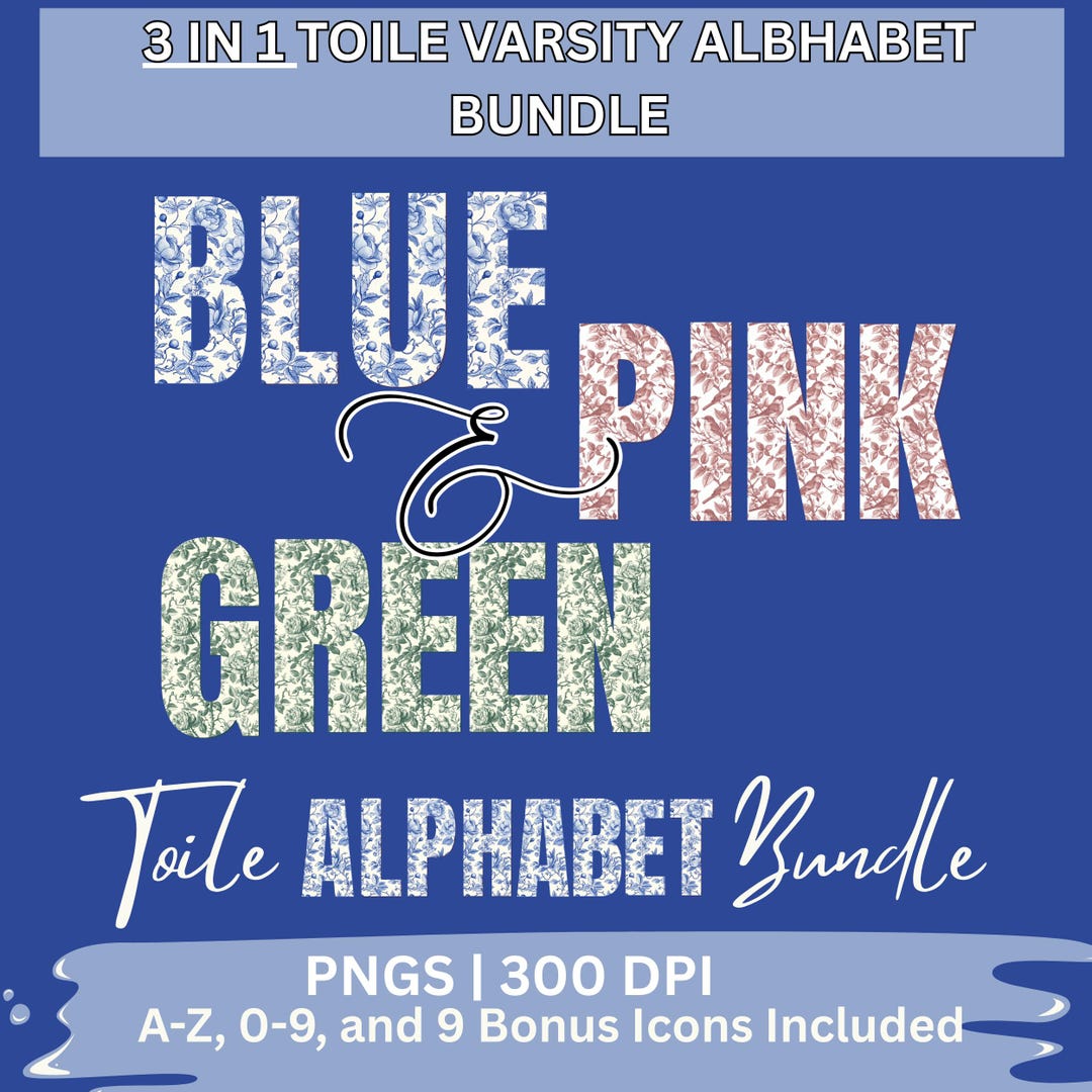 Blue Toile Varsity Alphabet PNG, Floral Varsity Letters A-Z Numbers ...