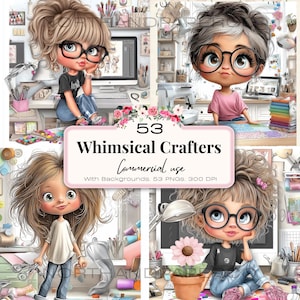 Skurrile Handwerk Mädchen Clipart Bundle - 53 hochauflösende Handwerker mit Hintergrund von Handwerksräumen - digitaler Download