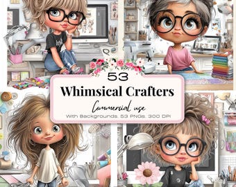 Grillige eigenzinnige clipartbundel voor knutselmeisjes– 53 knutselaars met hoge resolutie met achtergrond van knutselkamers – digitale download