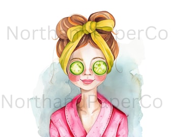 Spa Clipart Bundle Watercolor Spa Girls PNG Spa Party Pamper Birthday Clipart Self Care Beauty Graphics Kids Spa 31 Elements