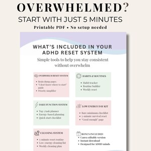 Op de afbeelding: Een afdrukbare PDF met de titel "OVERWHELMED? START WITH JUST 5 MINUTES." Het document beschrijft een ADHD-reset systeem met tools voor consistentie. Secties omvatten overbelasting reset, gewoonten, dagelijkse functies, low energy day kit, schoonmaaksysteem en bonusfuncties.