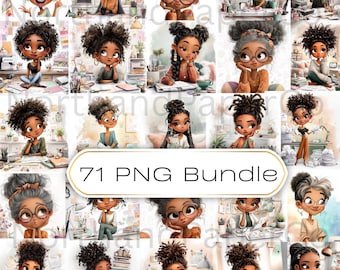 Black Girl Crafting Clipart-bundel, Afro-Amerikaanse planner meisje PNG, Melanine Crafter-illustraties, kleine zakenvrouw, gezellige creatief