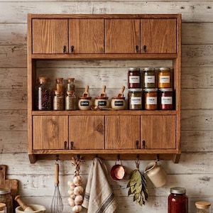 Étagère murale en bois faite main, Étagère à épices, Étagère suspendue de style rustique, Étagère murale en bois massif pour la cuisine