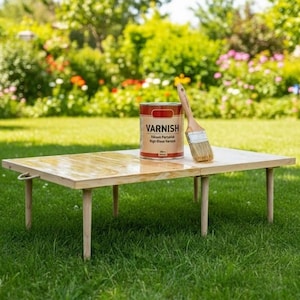 May include: A wooden table with four legs, set on a green lawn. A can of varnish and a paintbrush rest on the table's surface. The can is labeled "VARNISH" with additional text. The background features a garden.
