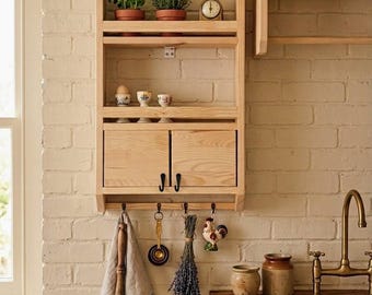 Estantería de pared de madera hecha a mano, especiero, estante colgante de estilo rústico, estante de pared de madera maciza para cocina.