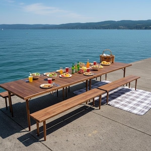 Puede incluir: Una larga mesa de picnic de madera, con comida y bebida, con bancos y una manta a cuadros. La mesa está junto a un lago y un cielo azul, ideal para una comida al aire libre.