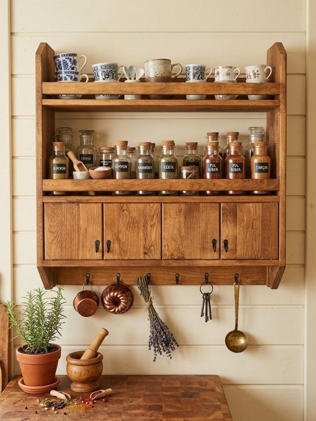 Handmade Wooden Wall Shelf, Spice Rack, Rustic Style Hanging Shelf, Solid Wood Wall Shelf for Kitchen