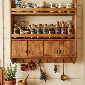 May include: A wooden spice rack with multiple shelves and cabinets. The top shelf holds teacups and saucers. Below are glass jars with spices, labeled with black labels. Below the cabinets are hooks with hanging kitchen tools and a bunch of lavender.