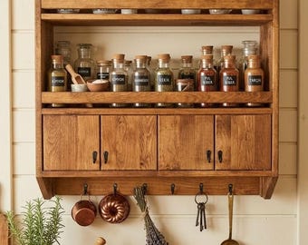 Estantería de pared de madera hecha a mano, especiero, estante colgante de estilo rústico, estante de pared de madera maciza para cocina.
