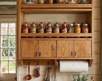Estantería de pared de madera hecha a mano, especiero, estante colgante de estilo rústico, estante de pared de madera maciza para cocina.
