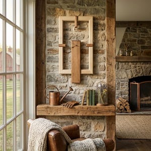 May include: A rustic interior scene featuring a wooden clock on a stone wall. A leather armchair with a blanket sits near a window. A wooden shelf displays books, a copper watering can, and a glass dome with flowers. A fireplace is visible in the background.