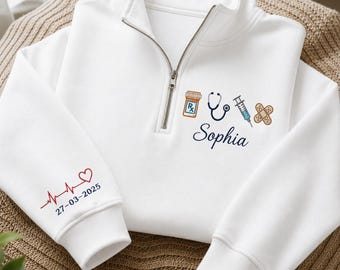 Personalized Nurse Quarter Zip Sweatshirt, Custom Medical Embroidered Pullover, RN Gift, Healthcare Worker Gift, Name Sleeve Sweatshirt