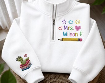 Personalized Teacher Quarter Zip Sweatshirt, Custom Name Embroidery, School Supplies Design