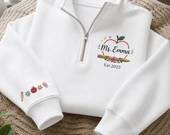 Personalized Teacher Quarter Zip Sweatshirt, Custom Teacher Name Embroidered Pullover, Teacher Appreciation Gift, Apple Teacher Gift