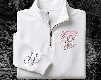 Mew geborduurd sweatshirt met kwartrits, schattige anime-hoodie, kawaii paranormale kat trui, cadeau voor animefans, perfect cadeau voor fanverzamelaars