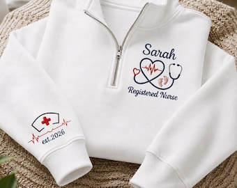 Personalized Registered Nurse Quarter Zip Sweatshirt, Custom RN Embroidered Pullover, Nurse Graduation Gift, Healthcare Worker Gift