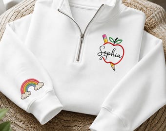 Personalized Teacher Quarter Zip Sweatshirt, Custom Teacher Name Embroidered Pullover, Apple Teacher Gift, Preschool Teacher Gift