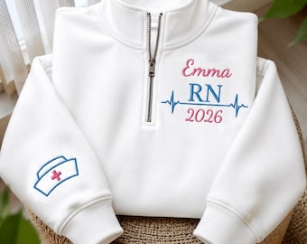 Personalized RN Quarter Zip Sweatshirt, Embroidered Nurse Pullover, Graduation Gift