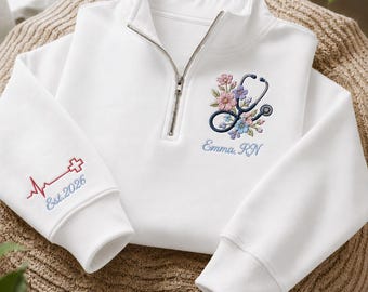 Personalized Floral Nurse Quarter Zip Sweatshirt, Custom RN Embroidered Pullover, Nurse Graduation Gift For Women, Registered Nurse Gift