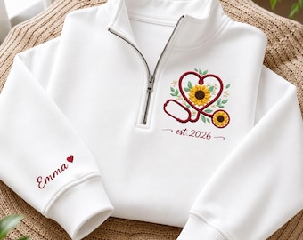 Personalized Nurse Quarter Zip Sweatshirt, Custom Embroidered Stethoscope Sunflower Pullover, Nurse Appreciation Gift for Women