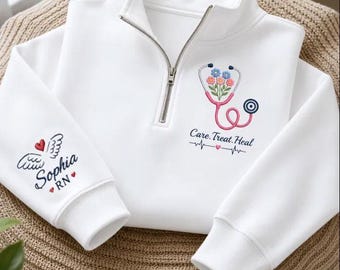 Personalized Nurse Quarter Zip Sweatshirt, Custom RN Embroidered Pullover, Floral Stethoscope Nurse Gift, Healthcare Worker Gift