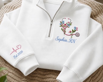 Personalized Floral RN Quarter Zip Sweatshirt, Custom Nurse Name Embroidered Pullover, RN Gift For Her, Nurse Gift, Registered Nurse Gift