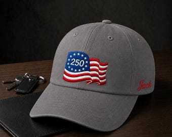 Personalized USA 250th Anniversary Hat, Custom Name Patriotic Baseball Cap, America 250 Flag Hat, Fourth of July Gift