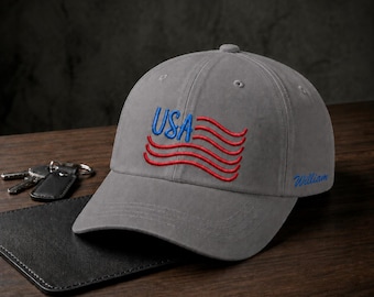 Personalized USA Embroidered Hat, Custom Name Patriotic Baseball Cap, American Flag Wave Hat, Fourth of July Gift, USA Dad Hat