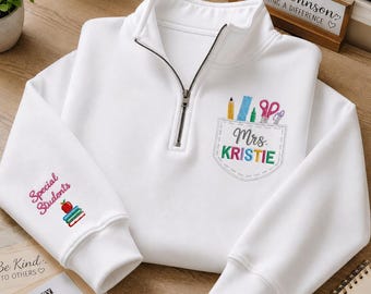 Sweat-shirt personnalisé avec fermeture éclair quart de prof, pull brodé avec poche enseignant personnalisé, cadeau de remerciement pour enseignant, cadeau pour enseignant
