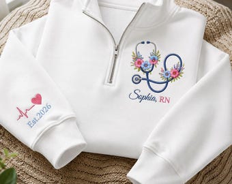 Personalized Floral RN Quarter Zip Sweatshirt, Custom Nurse Name Embroidered Pullover, Registered Nurse Graduation Gift, RN Gift For Her